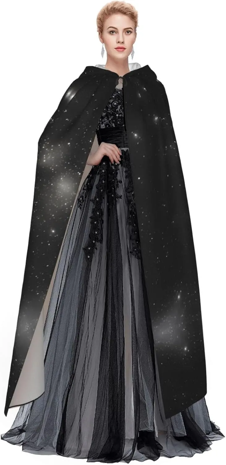 Black And White Galaxy Hooded Cloak  Printed Cloak Cape  Long Cloak For Halloween, Costume Parties, And Cosplays