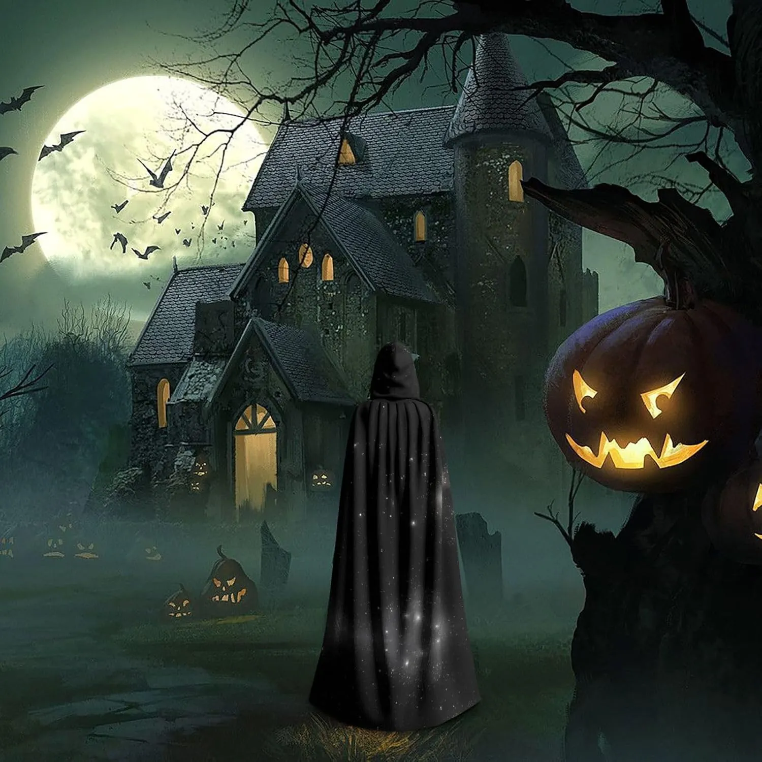 Black And White Galaxy Hooded Cloak  Printed Cloak Cape  Long Cloak For Halloween, Costume Parties, And Cosplays