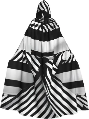 Black White Stripe Print Hooded Cloak Halloween Costume Adult Size with Dramatic Cloak for Cosplays,Witch Capes