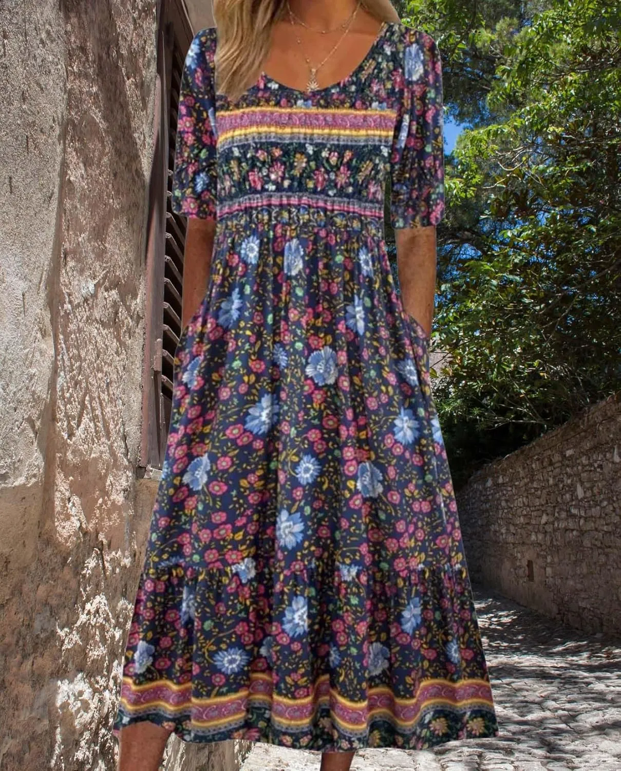 Bohemian Floral Print Dresses for Women Summer Fashion Casual Short Sleeve Loose V Neck Flowy Maxi Dress with Pockets