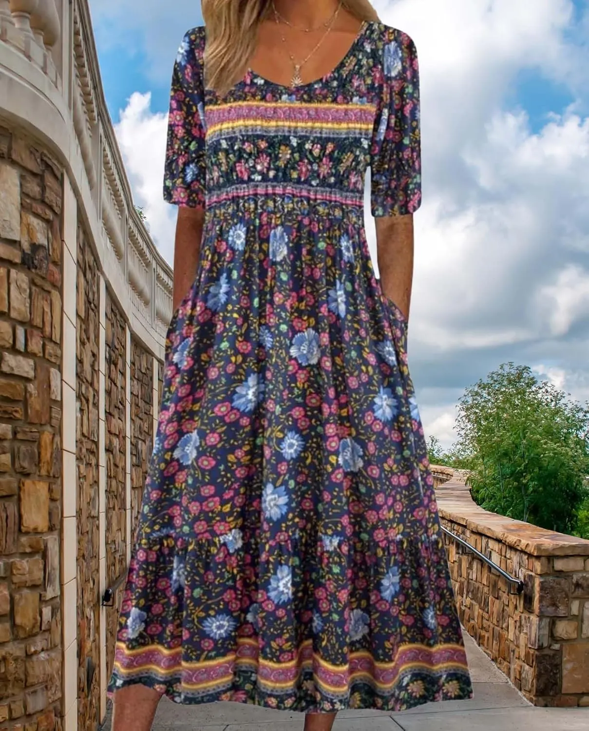 Bohemian Floral Print Dresses for Women Summer Fashion Casual Short Sleeve Loose V Neck Flowy Maxi Dress with Pockets