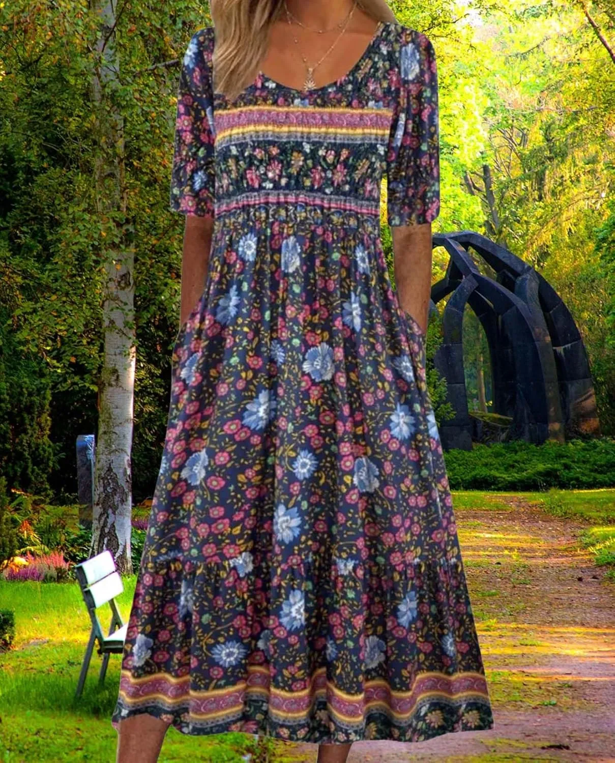 Bohemian Floral Print Dresses for Women Summer Fashion Casual Short Sleeve Loose V Neck Flowy Maxi Dress with Pockets