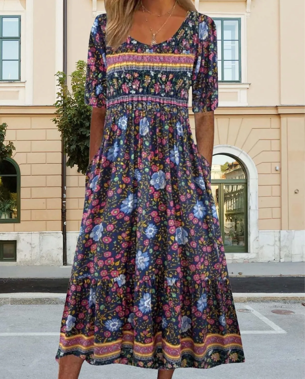 Bohemian Floral Print Dresses for Women Summer Fashion Casual Short Sleeve Loose V Neck Flowy Maxi Dress with Pockets