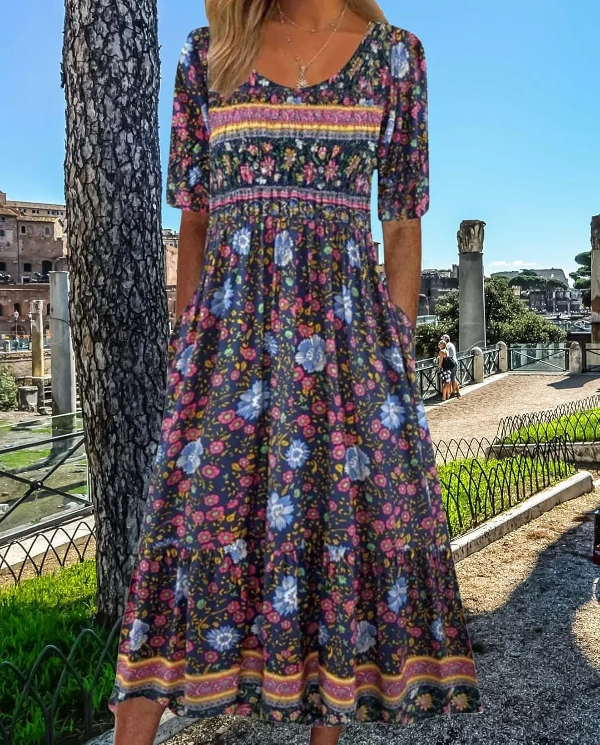 Bohemian Floral Print Dresses for Women Summer Fashion Casual Short Sleeve Loose V Neck Flowy Maxi Dress with Pockets