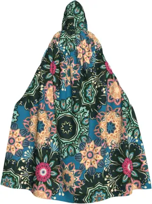 Bohemian Flower Print Hooded Cloak Halloween Costume Adult Size with Dramatic Cloak for Cosplays,Witch Capes Black