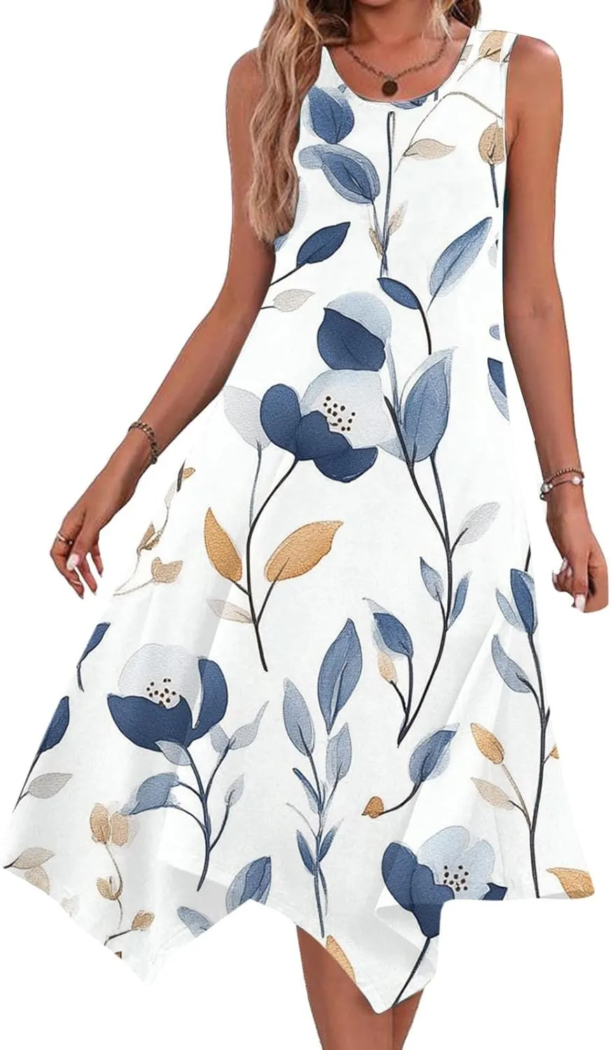 Boho Dresses for Women 2025 Causal Fashion Floral Print Bohemian Dress Sleeveless Scoop Neck Ruffle Tank Sundress