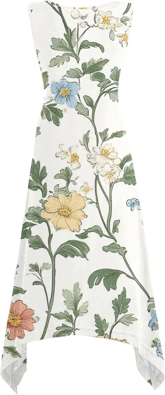 Boho Dresses for Women 2025 Causal Fashion Floral Print Bohemian Dress Sleeveless Scoop Neck Ruffle Tank Sundress