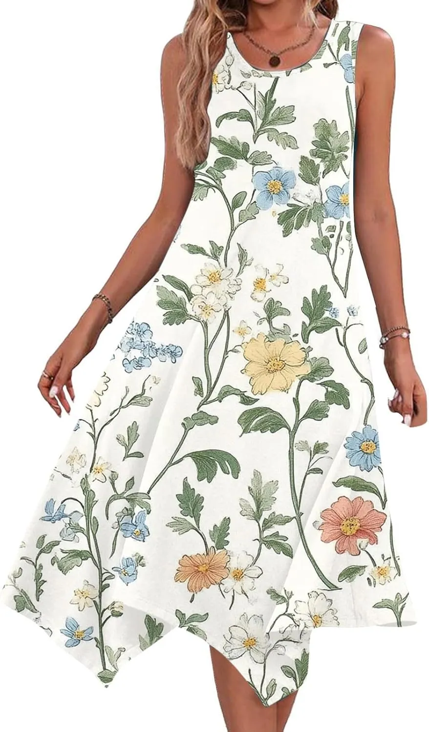 Boho Dresses for Women 2025 Causal Fashion Floral Print Bohemian Dress Sleeveless Scoop Neck Ruffle Tank Sundress
