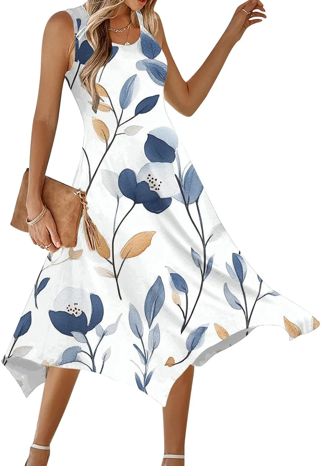 Boho Dresses for Women 2025 Causal Fashion Floral Print Bohemian Dress Sleeveless Scoop Neck Ruffle Tank Sundress