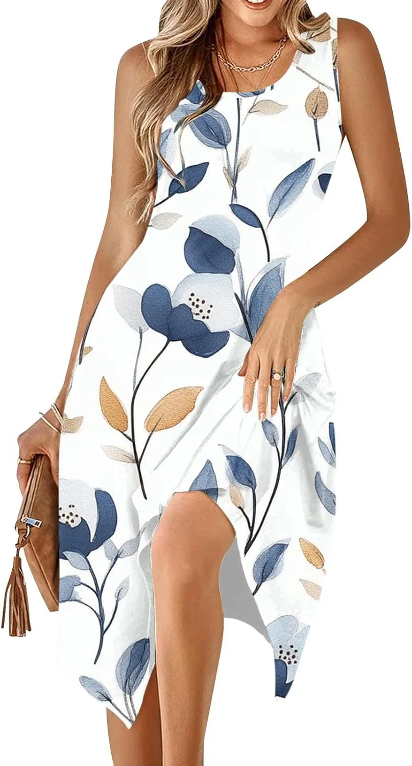 Boho Dresses for Women 2025 Causal Fashion Floral Print Bohemian Dress Sleeveless Scoop Neck Ruffle Tank Sundress