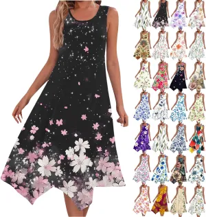 Boho Dresses for Women 2025 Causal Fashion Floral Print Bohemian Dress Sleeveless Scoop Neck Ruffle Tank Sundress