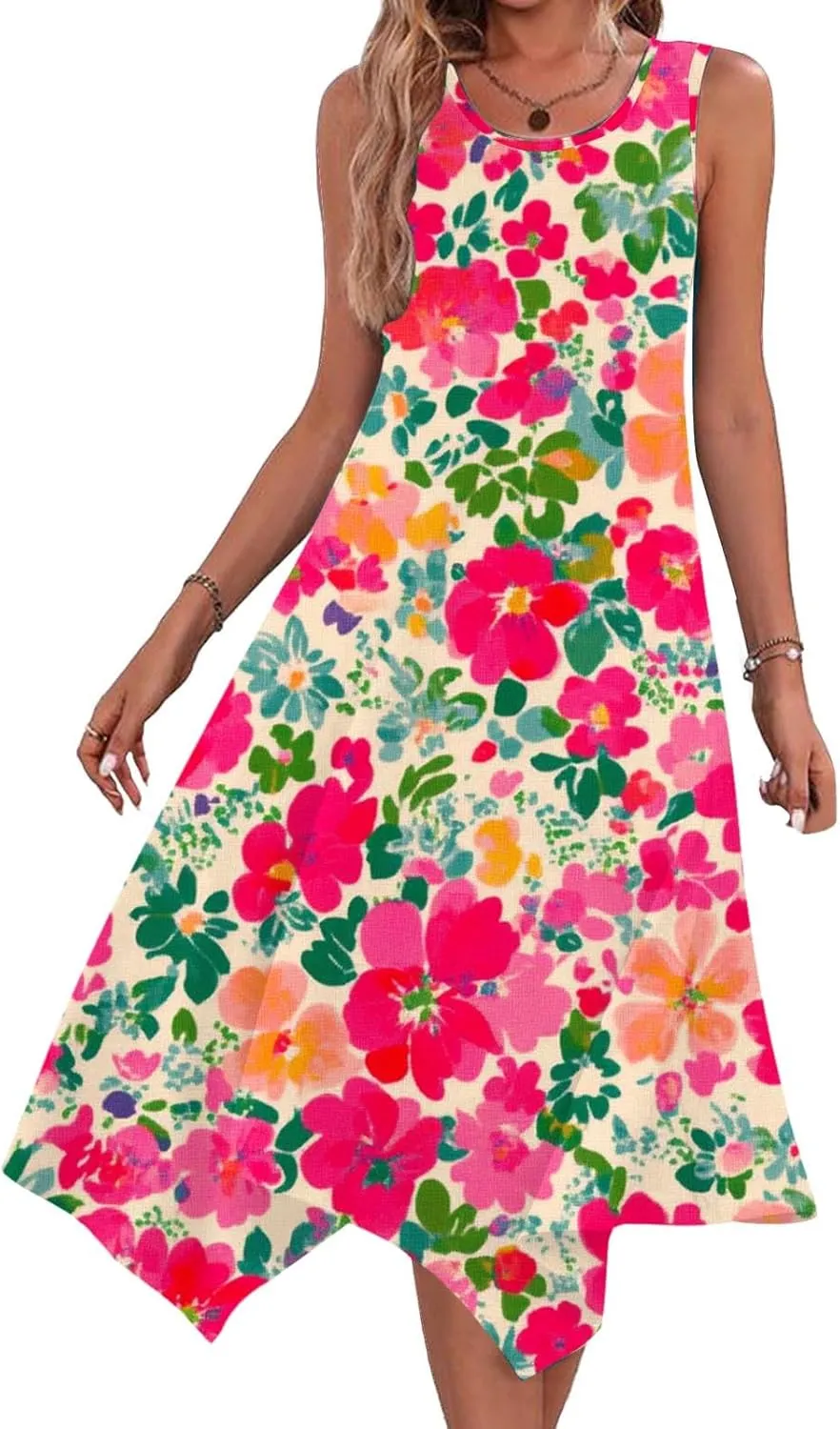 Boho Dresses for Women 2025 Causal Fashion Floral Print Bohemian Dress Sleeveless Scoop Neck Ruffle Tank Sundress