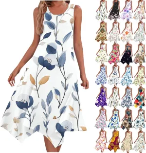 Boho Dresses for Women 2025 Causal Fashion Floral Print Bohemian Dress Sleeveless Scoop Neck Ruffle Tank Sundress