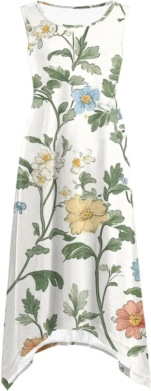 Boho Dresses for Women 2025 Causal Fashion Floral Print Bohemian Dress Sleeveless Scoop Neck Ruffle Tank Sundress