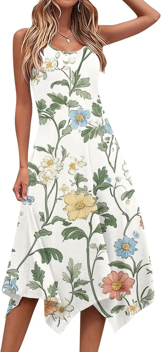 Boho Dresses for Women 2025 Causal Fashion Floral Print Bohemian Dress Sleeveless Scoop Neck Ruffle Tank Sundress