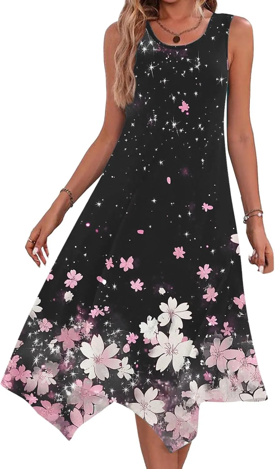Boho Dresses for Women 2025 Causal Fashion Floral Print Bohemian Dress Sleeveless Scoop Neck Ruffle Tank Sundress