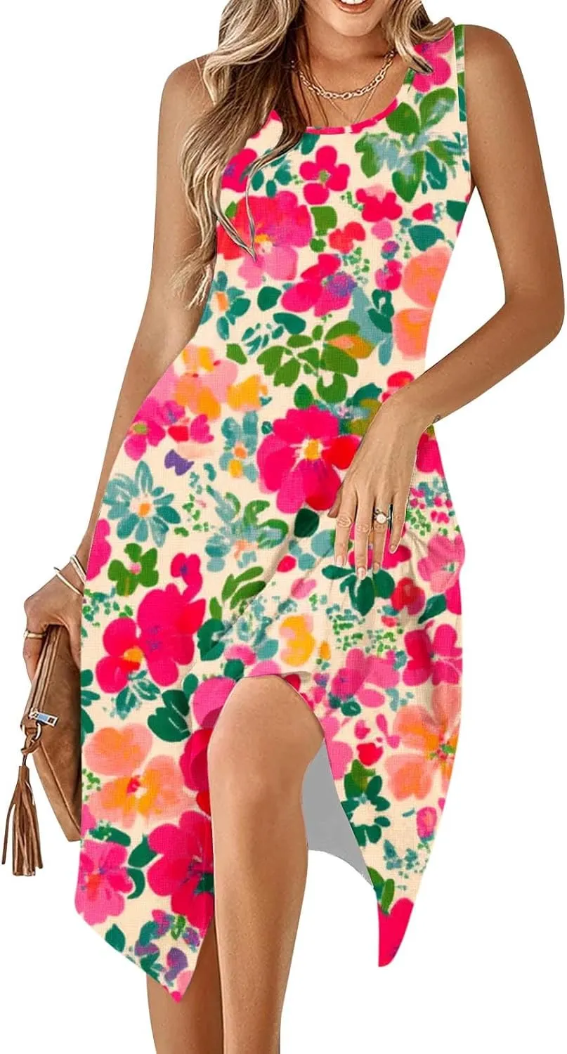 Boho Dresses for Women 2025 Causal Fashion Floral Print Bohemian Dress Sleeveless Scoop Neck Ruffle Tank Sundress