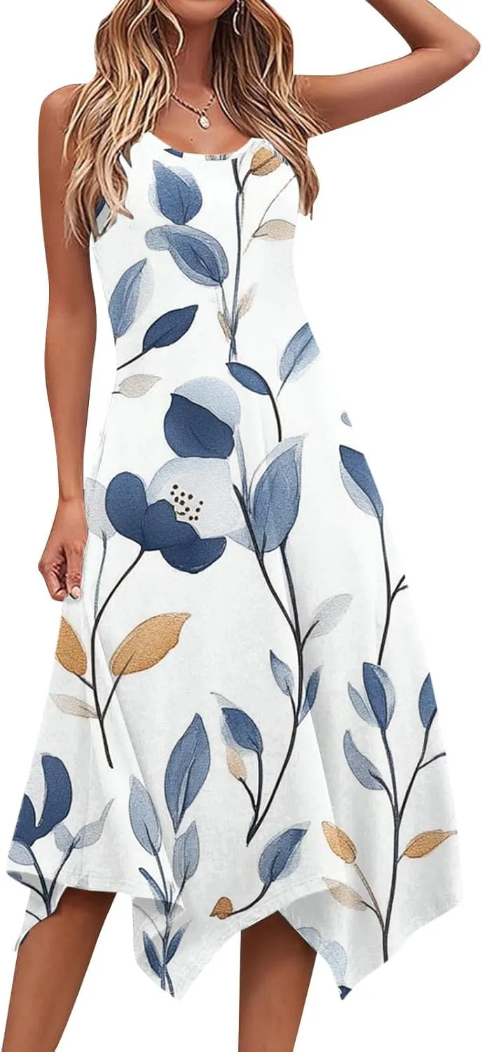 Boho Dresses for Women 2025 Causal Fashion Floral Print Bohemian Dress Sleeveless Scoop Neck Ruffle Tank Sundress