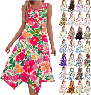 Boho Dresses for Women 2025 Causal Fashion Floral Print Bohemian Dress Sleeveless Scoop Neck Ruffle Tank Sundress