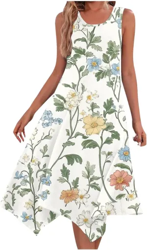 Boho Dresses for Women 2025 Causal Fashion Floral Print Bohemian Dress Sleeveless Scoop Neck Ruffle Tank Sundress