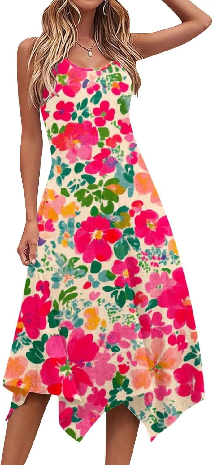 Boho Dresses for Women 2025 Causal Fashion Floral Print Bohemian Dress Sleeveless Scoop Neck Ruffle Tank Sundress