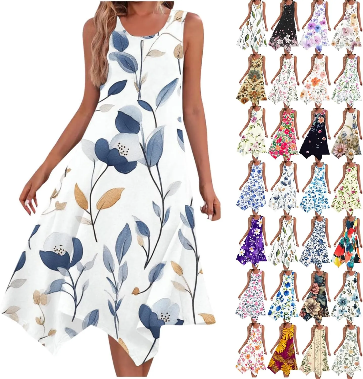 Boho Dresses for Women 2025 Causal Fashion Floral Print Bohemian Dress Sleeveless Scoop Neck Ruffle Tank Sundress