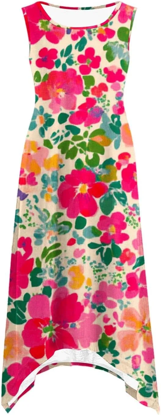 Boho Dresses for Women 2025 Causal Fashion Floral Print Bohemian Dress Sleeveless Scoop Neck Ruffle Tank Sundress