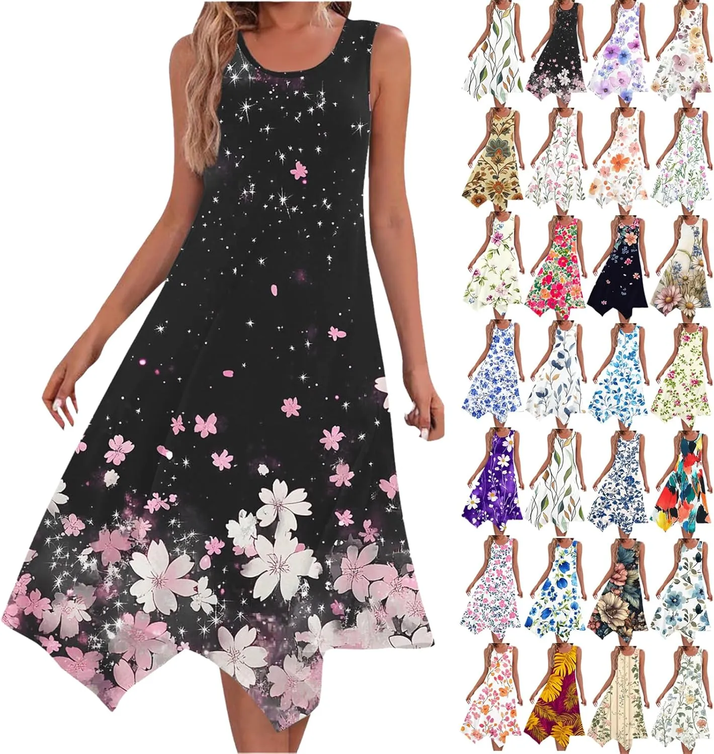 Boho Dresses for Women 2025 Causal Fashion Floral Print Bohemian Dress Sleeveless Scoop Neck Ruffle Tank Sundress