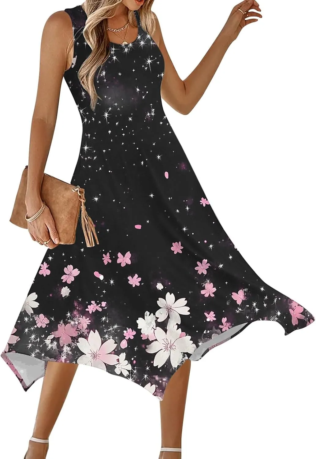 Boho Dresses for Women 2025 Causal Fashion Floral Print Bohemian Dress Sleeveless Scoop Neck Ruffle Tank Sundress