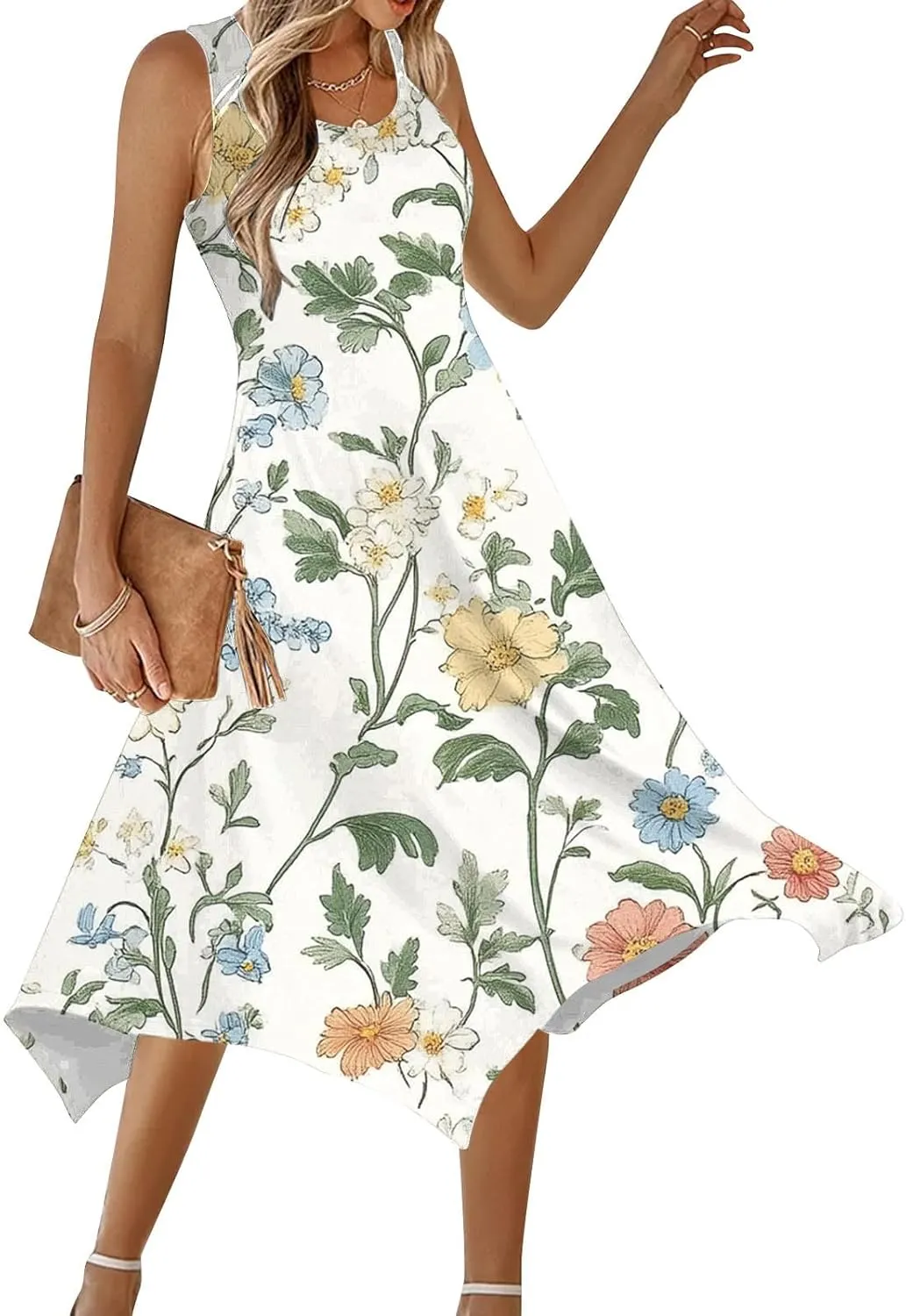 Boho Dresses for Women 2025 Causal Fashion Floral Print Bohemian Dress Sleeveless Scoop Neck Ruffle Tank Sundress