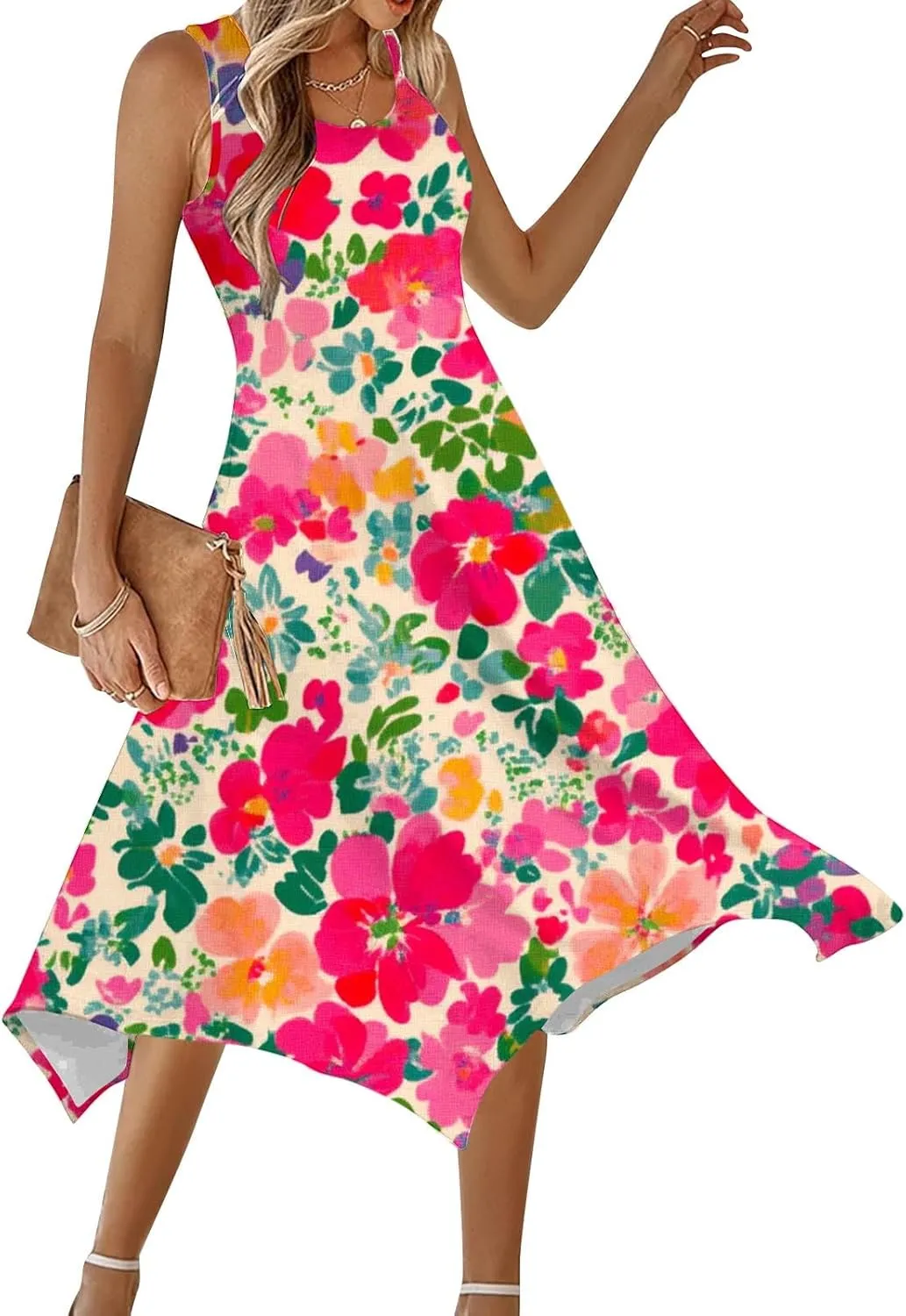Boho Dresses for Women 2025 Causal Fashion Floral Print Bohemian Dress Sleeveless Scoop Neck Ruffle Tank Sundress