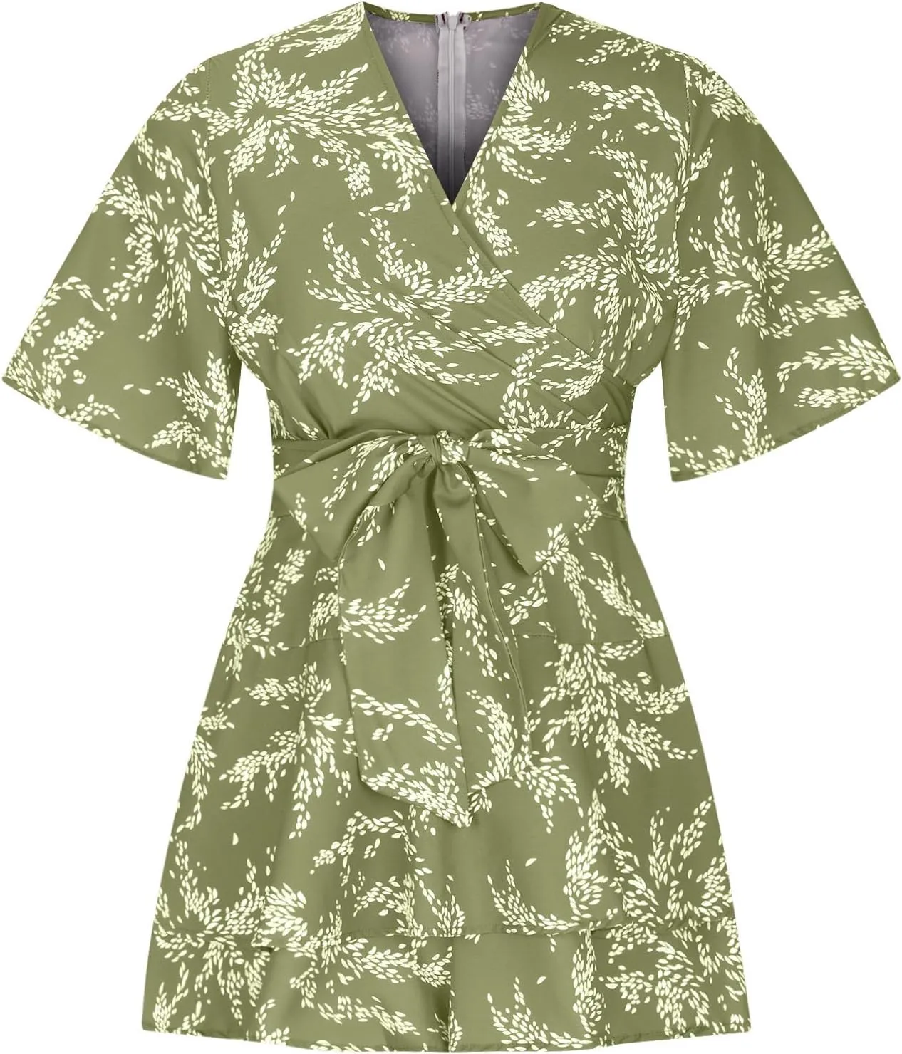 Boho Vacation Dresses for Women Summer 2024 Cocktail Casual Short Sleeve Wrap V Neck Tie Waisted Ruffle Layered Mini Dresses