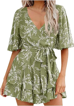 Boho Vacation Dresses for Women Summer 2024 Cocktail Casual Short Sleeve Wrap V Neck Tie Waisted Ruffle Layered Mini Dresses