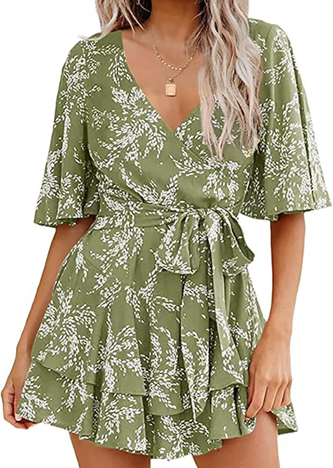 Boho Vacation Dresses for Women Summer 2024 Cocktail Casual Short Sleeve Wrap V Neck Tie Waisted Ruffle Layered Mini Dresses
