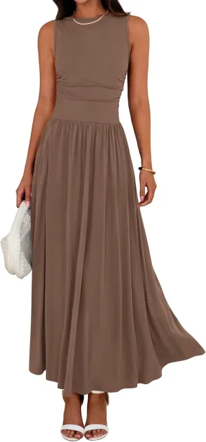 BTFBM Summer Maxi Dresses for Women 2025 Sleeveless Casual Ruched High Waisted Tank Long Sundress Flowy Beach Dress