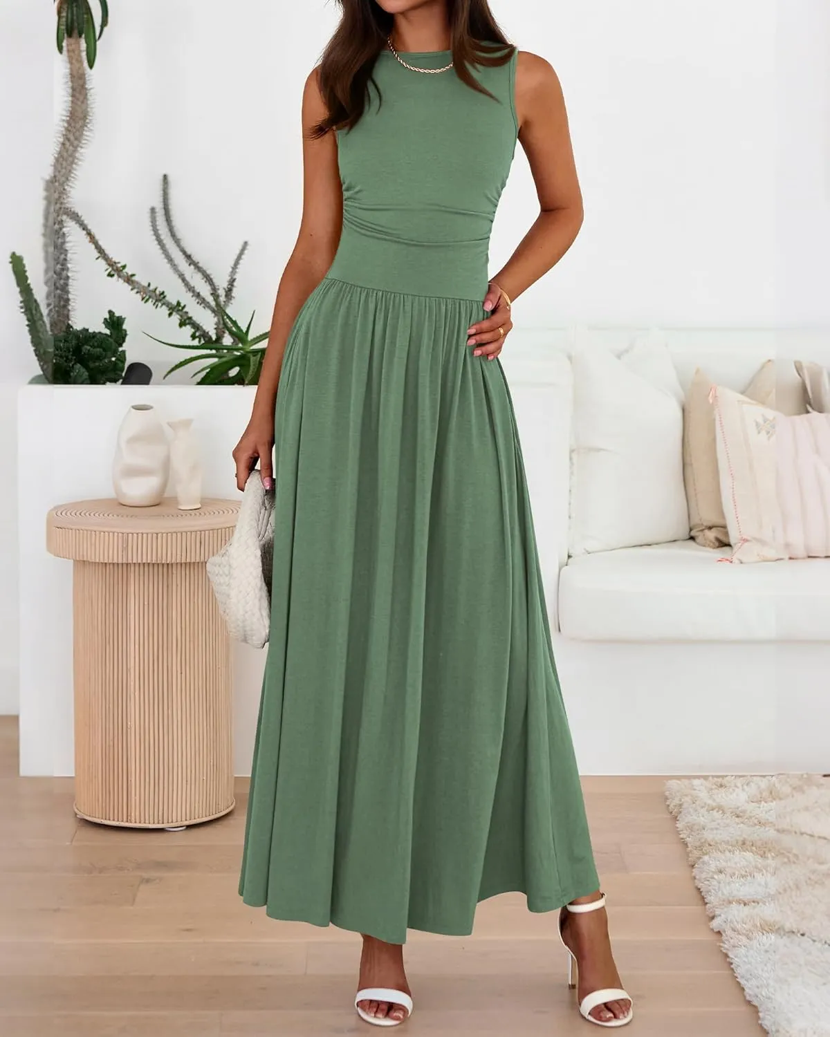 BTFBM Summer Maxi Dresses for Women 2025 Sleeveless Casual Ruched High Waisted Tank Long Sundress Flowy Beach Dress