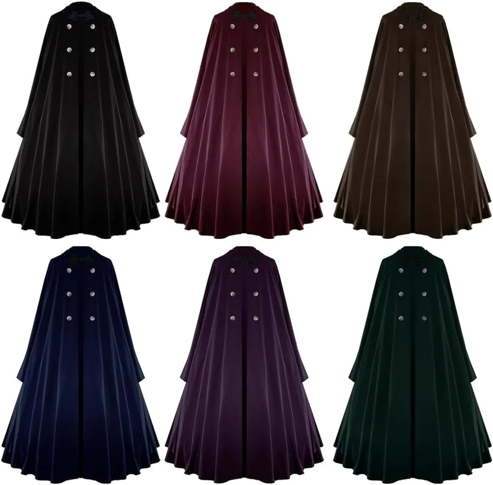 CAMDOM Medieval Hooded Cloak Full Length Double Breasted Cape Halloween Wizard Cosplay Costume