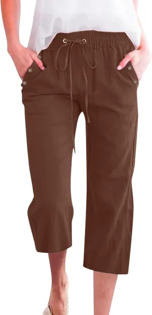 Capris Pants for Women Cotton Linen Casual Summer Wide/Straight Leg Loose Drawstring Elastic Waist Cropped Trousers