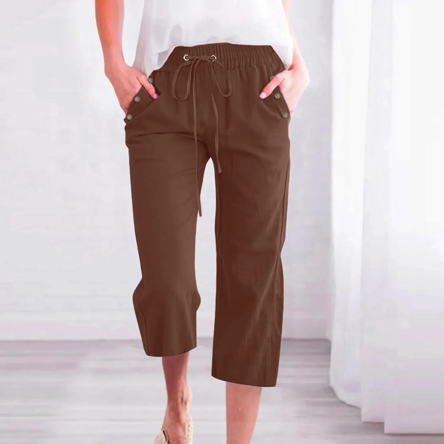 Capris Pants for Women Cotton Linen Casual Summer Wide/Straight Leg Loose Drawstring Elastic Waist Cropped Trousers