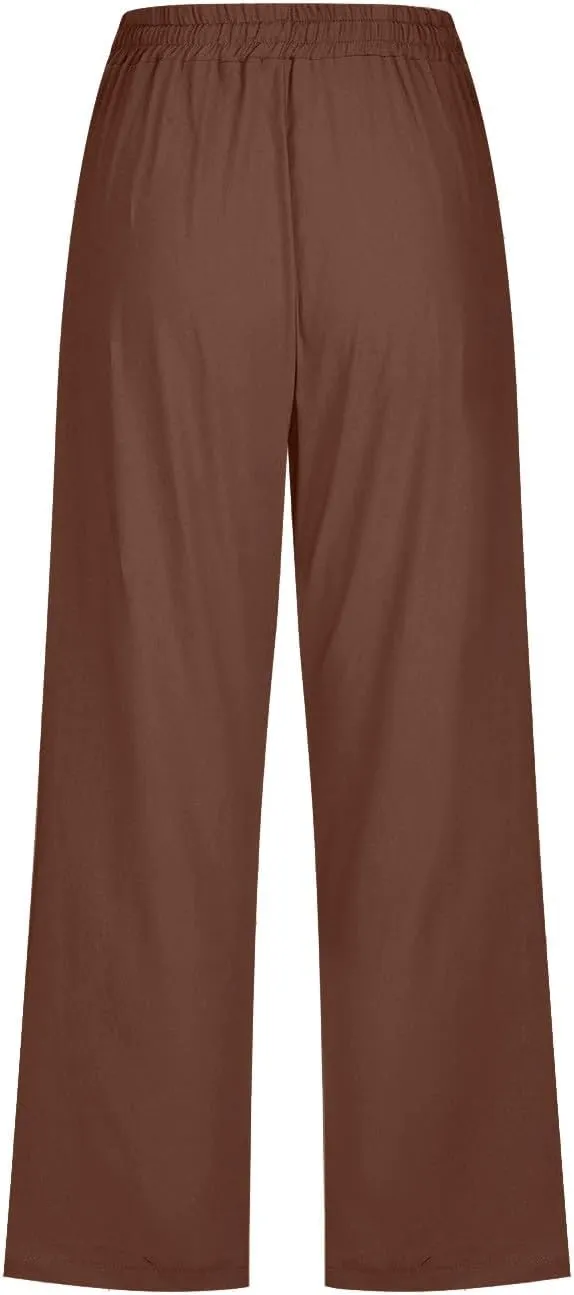Capris Pants for Women Cotton Linen Casual Summer Wide/Straight Leg Loose Drawstring Elastic Waist Cropped Trousers