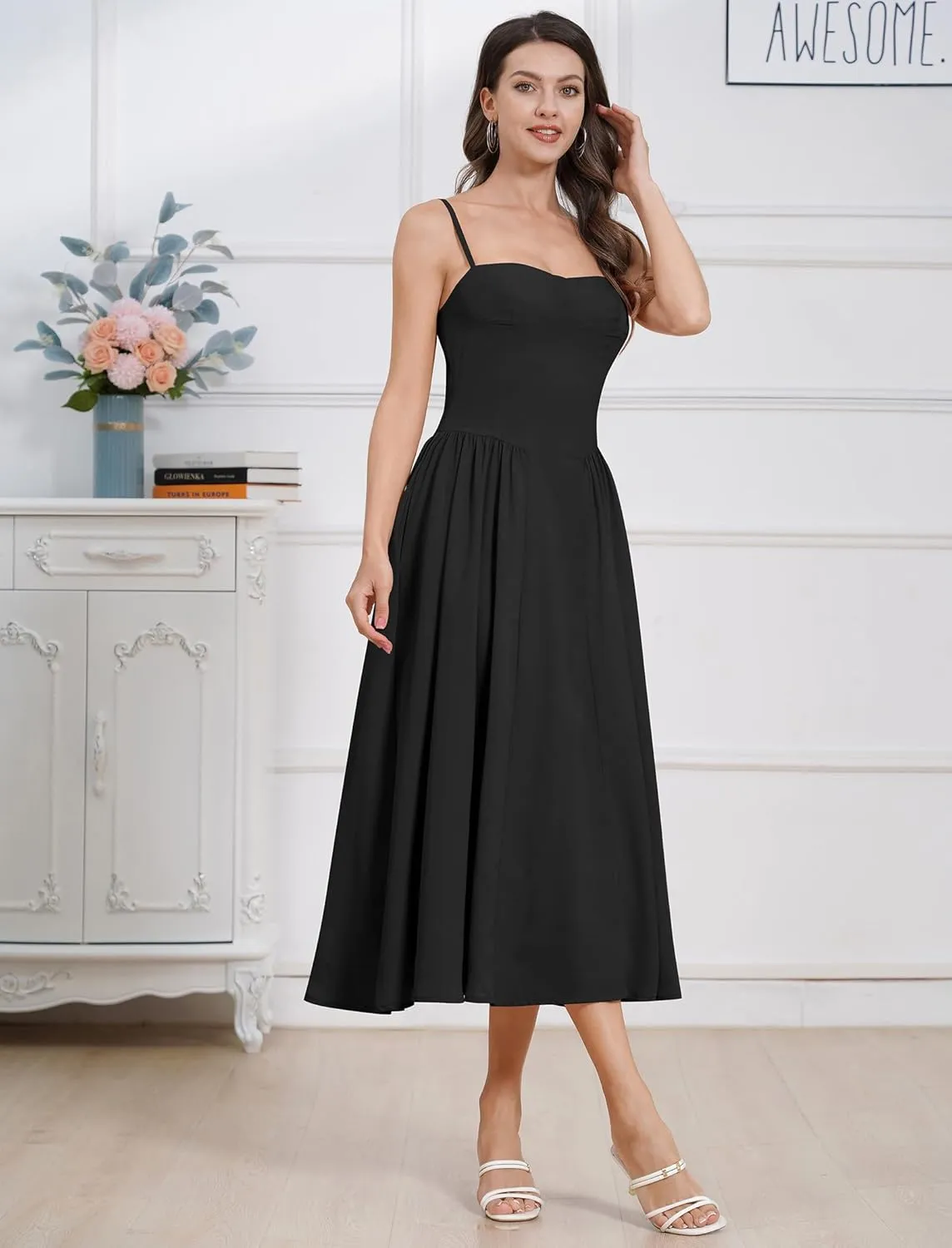 Casual Dresses for Women Boho Spaghetti Strap Corset Midi Dress with Pockets Low Cut Flowy Pleated Bustier Sundress