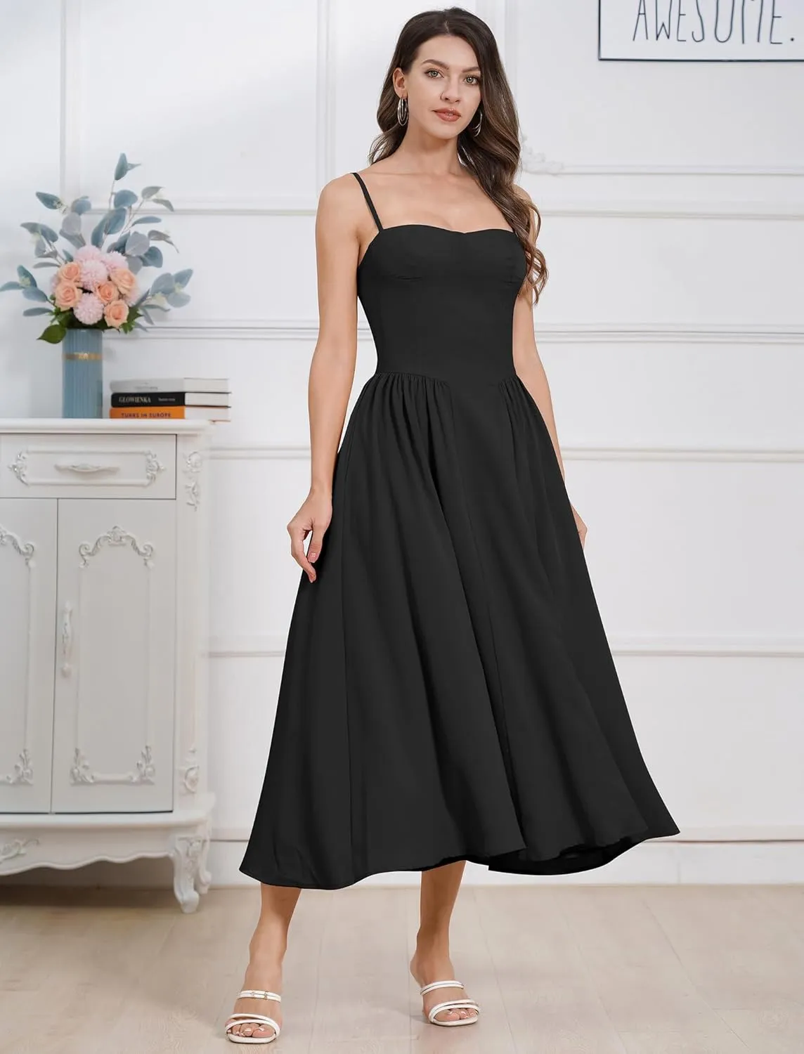 Casual Dresses for Women Boho Spaghetti Strap Corset Midi Dress with Pockets Low Cut Flowy Pleated Bustier Sundress