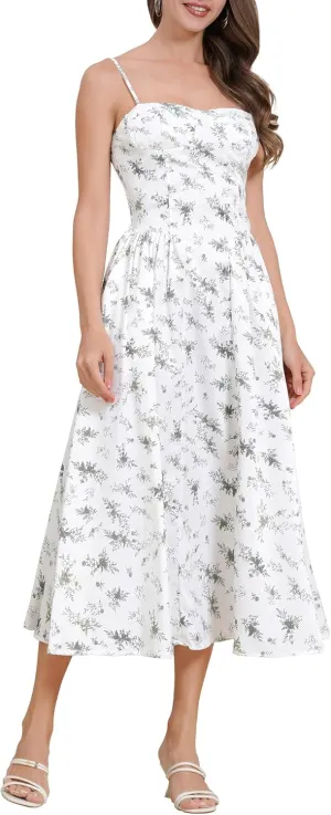Casual Dresses for Women Boho Spaghetti Strap Corset Midi Dress with Pockets Low Cut Flowy Pleated Bustier Sundress