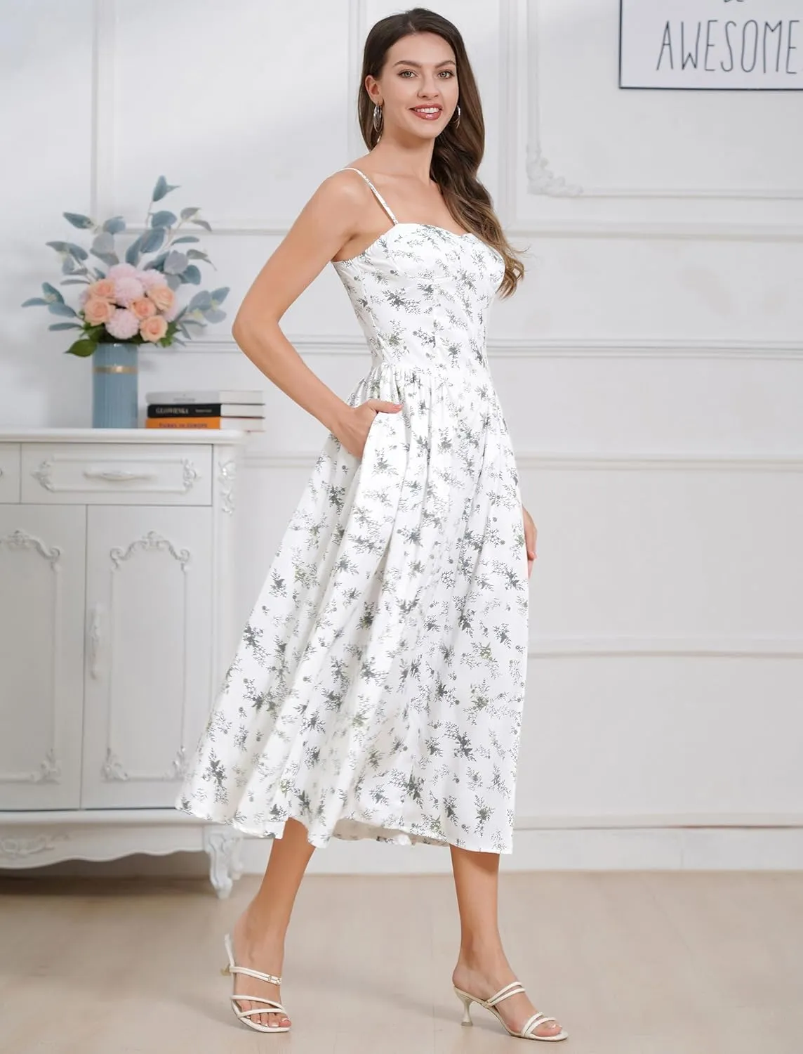 Casual Dresses for Women Boho Spaghetti Strap Corset Midi Dress with Pockets Low Cut Flowy Pleated Bustier Sundress