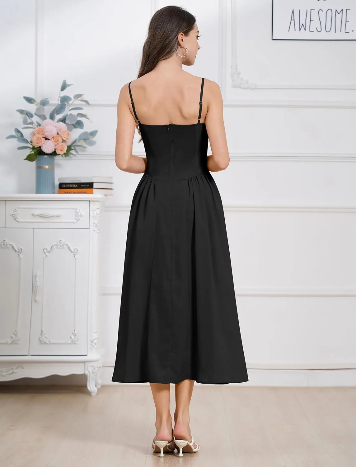 Casual Dresses for Women Boho Spaghetti Strap Corset Midi Dress with Pockets Low Cut Flowy Pleated Bustier Sundress