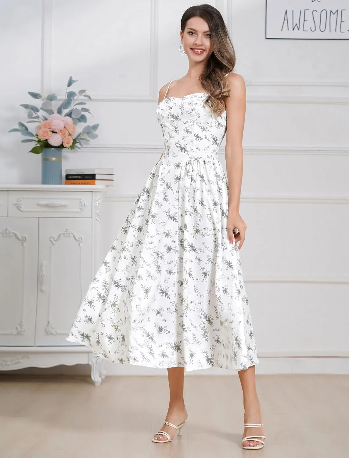Casual Dresses for Women Boho Spaghetti Strap Corset Midi Dress with Pockets Low Cut Flowy Pleated Bustier Sundress