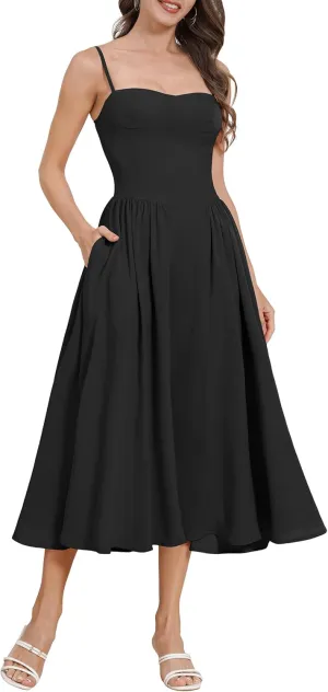 Casual Dresses for Women Boho Spaghetti Strap Corset Midi Dress with Pockets Low Cut Flowy Pleated Bustier Sundress