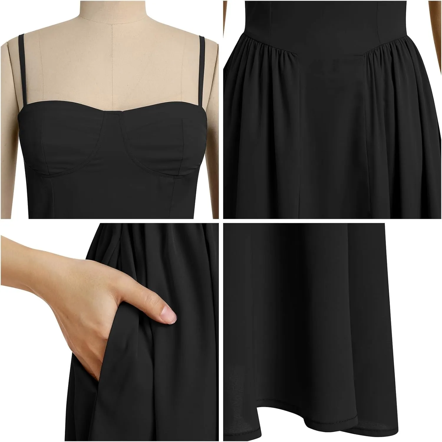 Casual Dresses for Women Boho Spaghetti Strap Corset Midi Dress with Pockets Low Cut Flowy Pleated Bustier Sundress