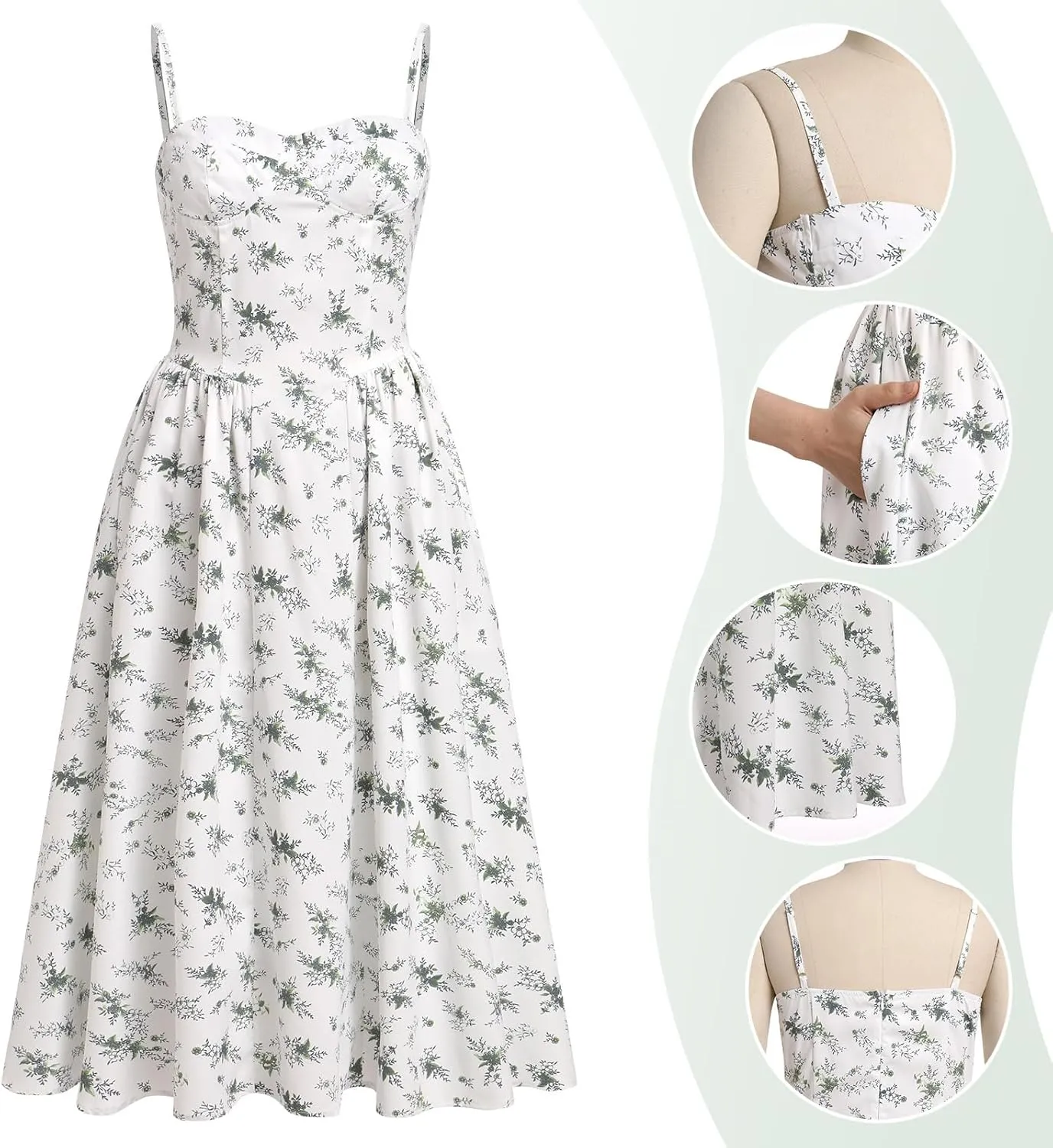 Casual Dresses for Women Boho Spaghetti Strap Corset Midi Dress with Pockets Low Cut Flowy Pleated Bustier Sundress
