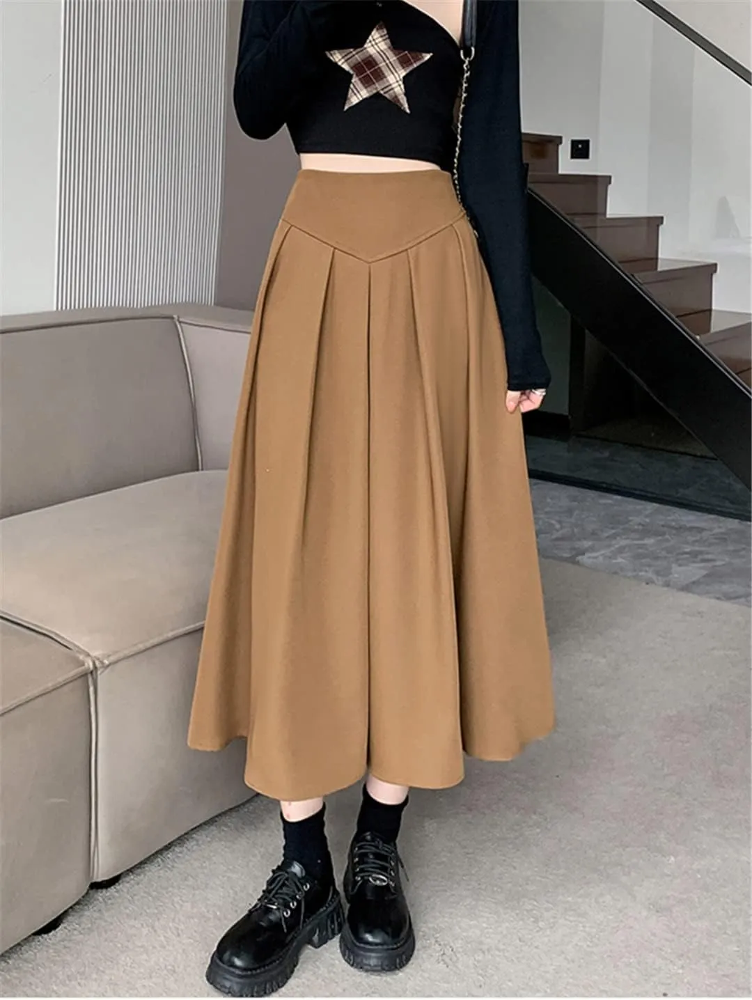 Casual Mid-Length Skirt Women Back Zipper A Line High Waist Pleated Midi Long Skirt
